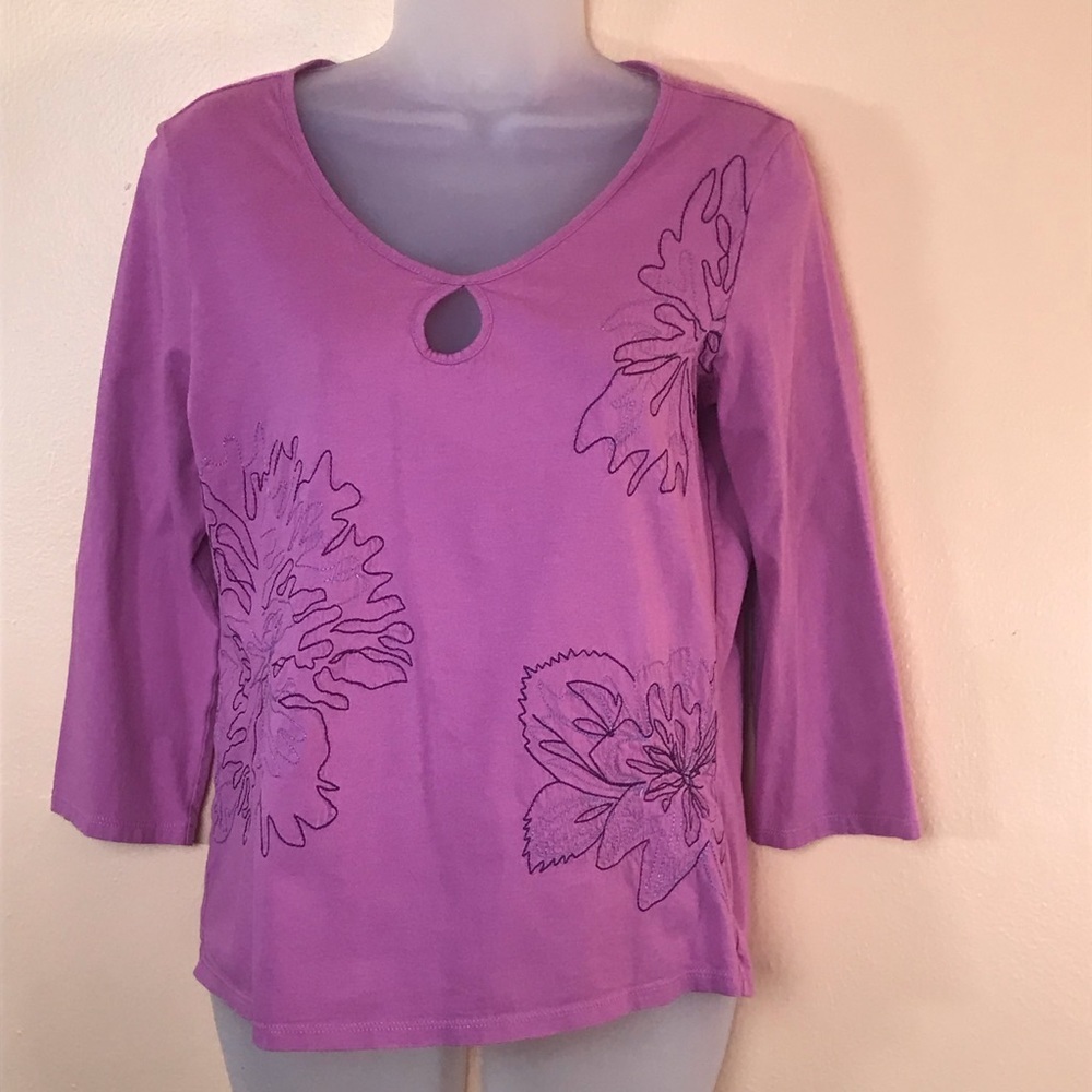 J Jill Floral Embroidered 3/4 Sleeve Fuchsia Tunic Shirt Women S